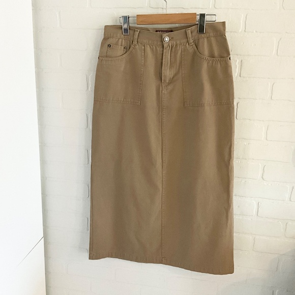 Vintage Y2K Maxi Sirt Cargo Column Cotton Minimalist Pockets Tan Beige Sz 10 - Picture 2 of 15
